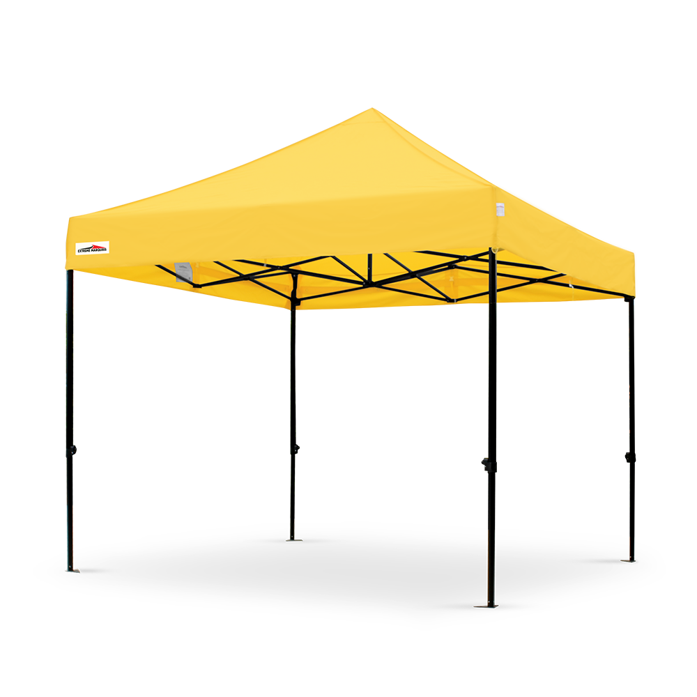 Yellow outdoor marquee tent with black frame on a white background